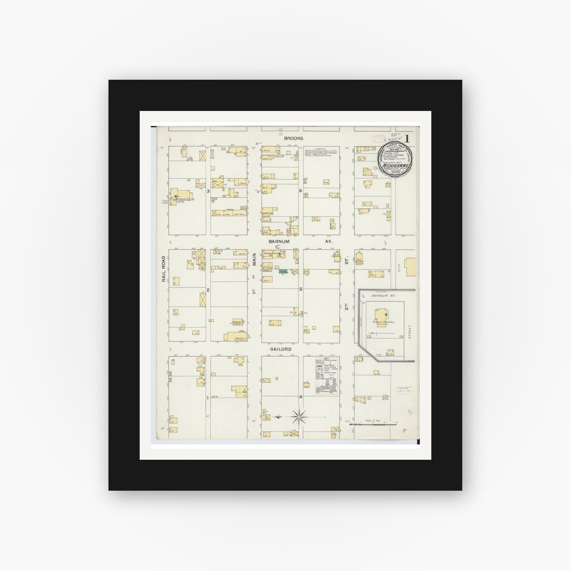 Old map wall art mockup — black gallery frame with white mat — Sanborn Fire Insurance Map from Michigamme, Marquette County, Michigan (1892) - Complete Map Set
