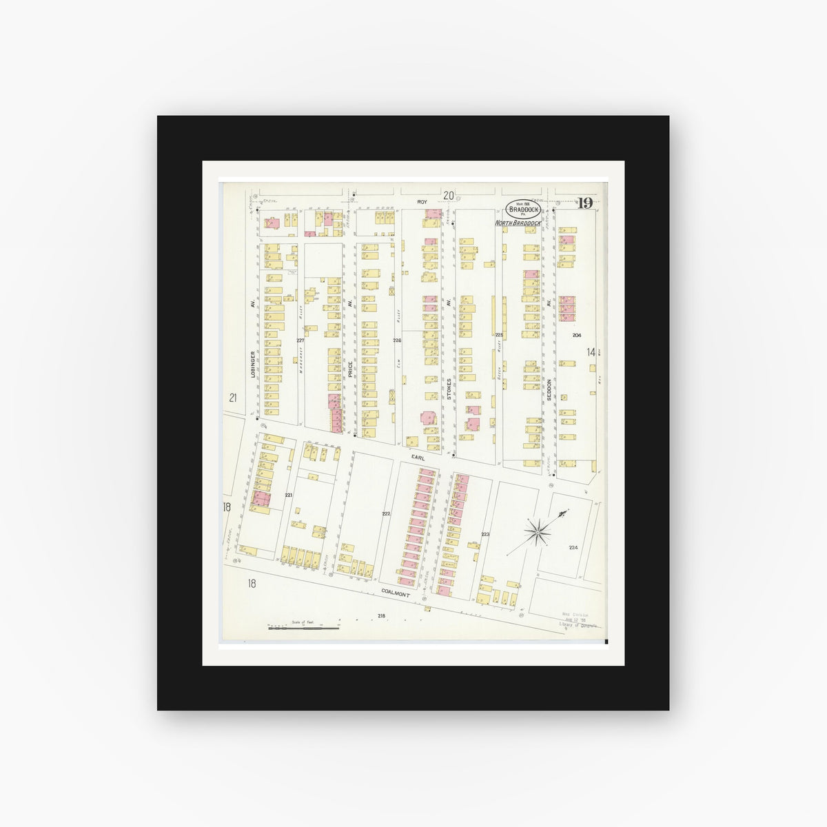 Old map wall art mockup — black gallery frame with white mat — Sanborn Fire Insurance Map from Braddock, Allegheny County, Pennsylvania (1908), Sheet #0019