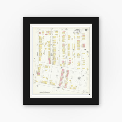 Old map wall art mockup — black gallery frame with white mat — Sanborn Fire Insurance Map from Braddock, Allegheny County, Pennsylvania (1908), Sheet #0019