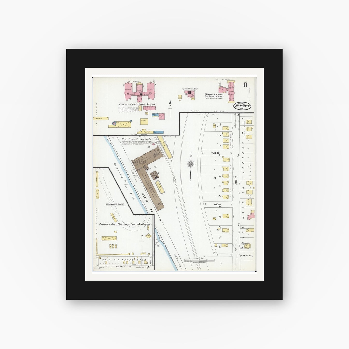 Old map wall art mockup — black gallery frame with white mat — Sanborn Fire Insurance Map from West Bend, Washington County, Wisconsin (1919), Sheet #0008