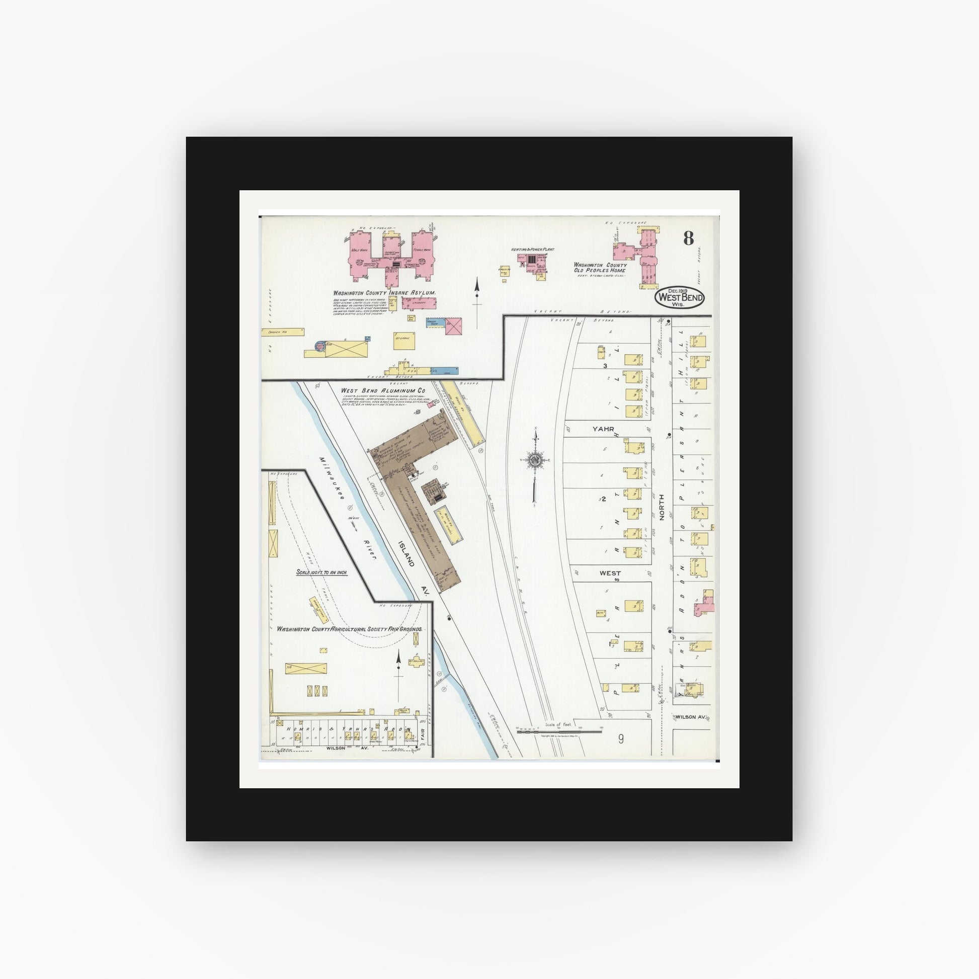 Old map wall art mockup — black gallery frame with white mat — Sanborn Fire Insurance Map from West Bend, Washington County, Wisconsin (1919), Sheet #0008