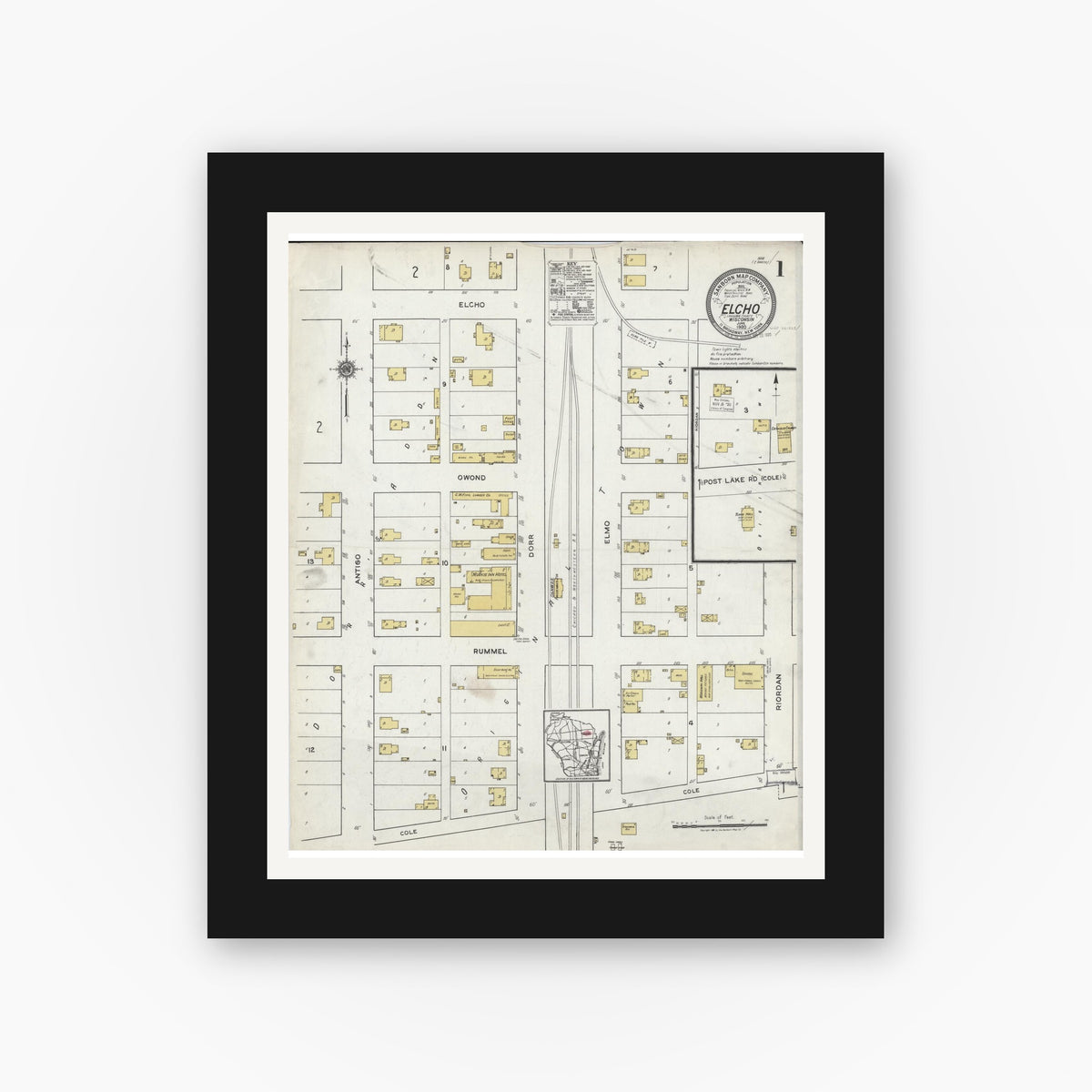 Old map wall art mockup — black gallery frame with white mat — Sanborn Fire Insurance Map from Elcho, Langlade County, Wisconsin (1920) - Complete Map Set