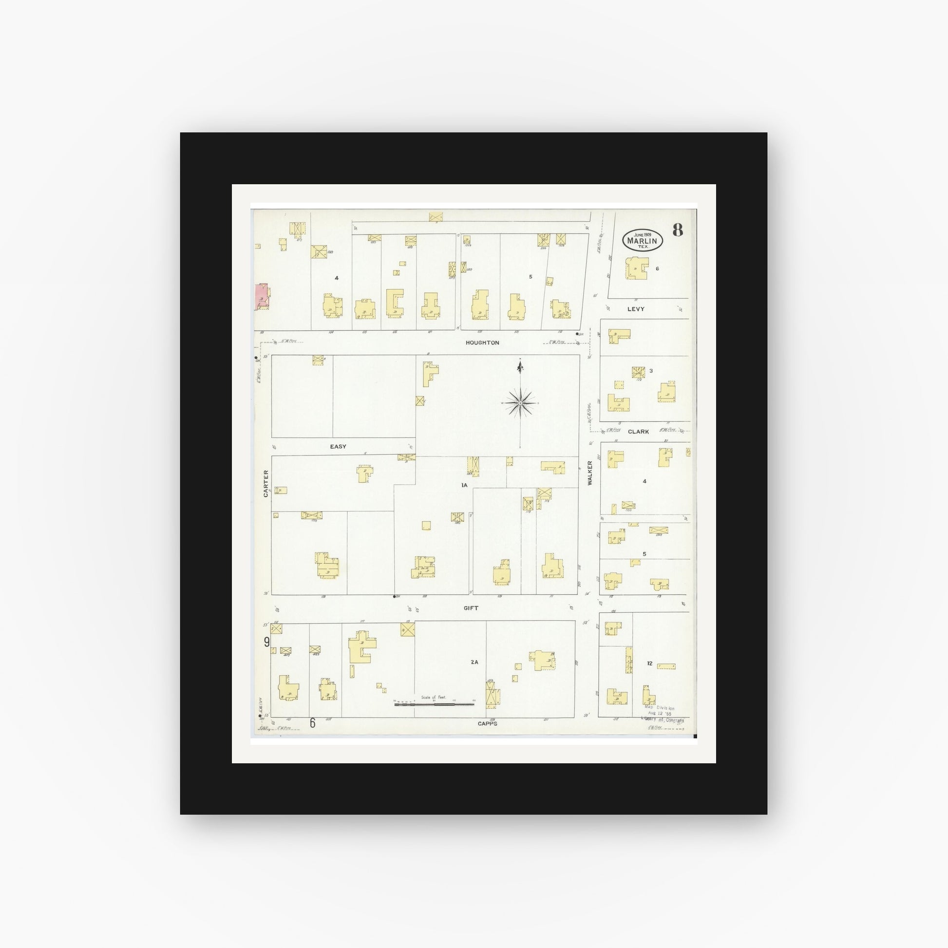 Old map wall art mockup — black gallery frame with white mat — Sanborn Fire Insurance Map from Marlin, Falls County, Texas (1909), Sheet #0008