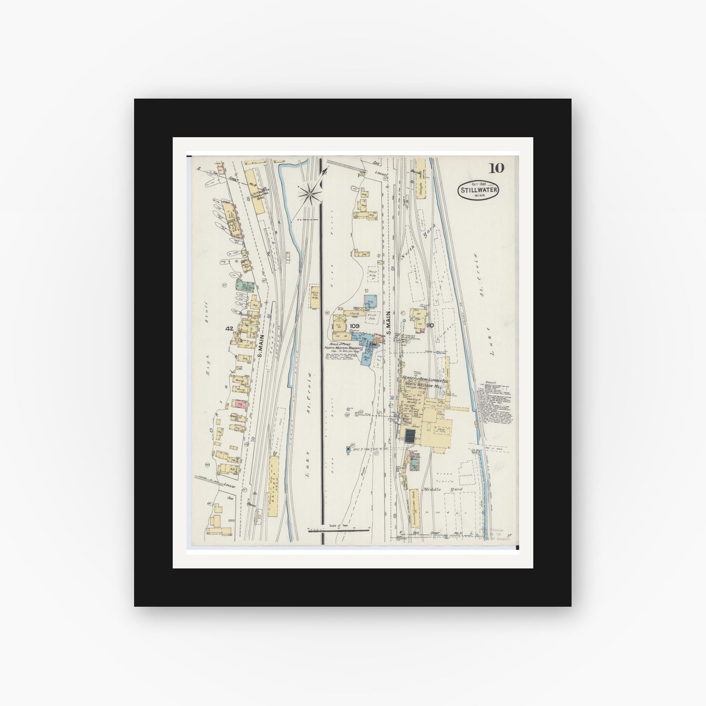 Old map wall art mockup — black gallery frame with white mat — Sanborn Fire Insurance Map from Stillwater, Washington County, Minnesota (1888), Sheet #0010