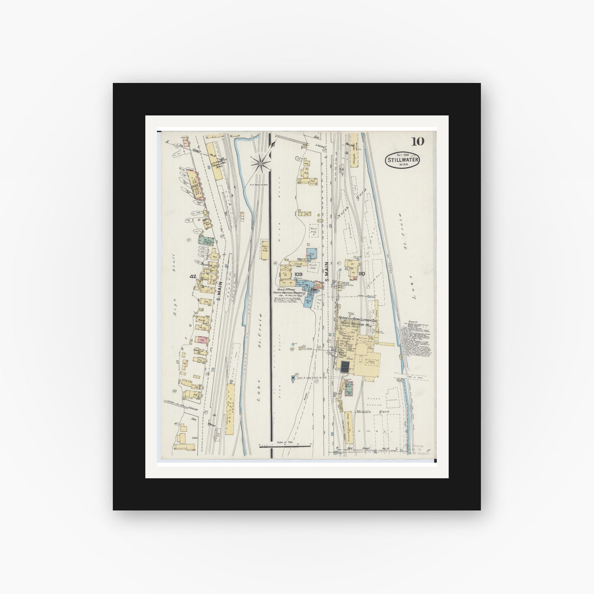 Old map wall art mockup — black gallery frame with white mat — Sanborn Fire Insurance Map from Stillwater, Washington County, Minnesota (1888), Sheet #0010