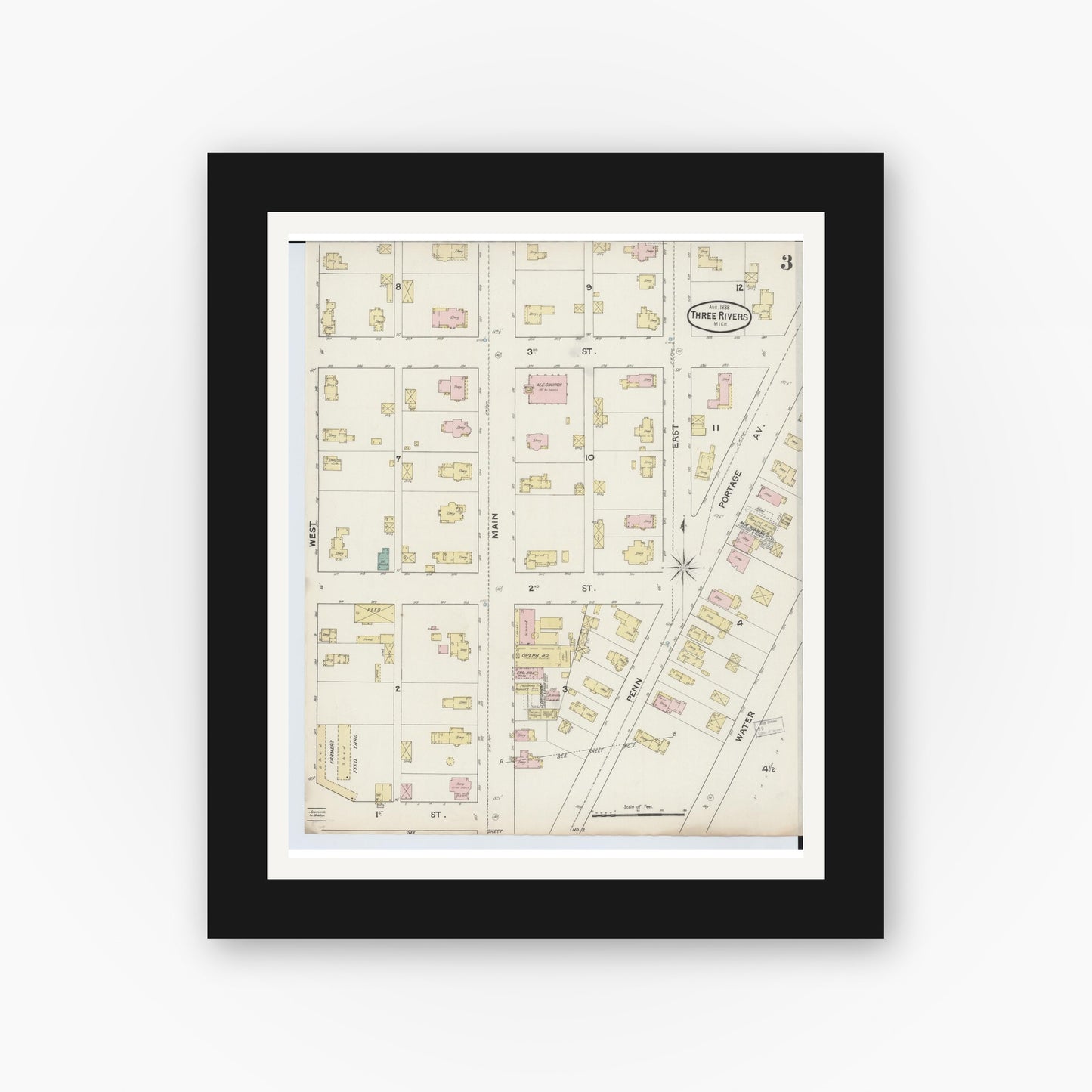 Old map wall art mockup — black gallery frame with white mat — Sanborn Fire Insurance Map from Three Rivers, Saint Joseph County, Michigan (1888), Sheet #0003