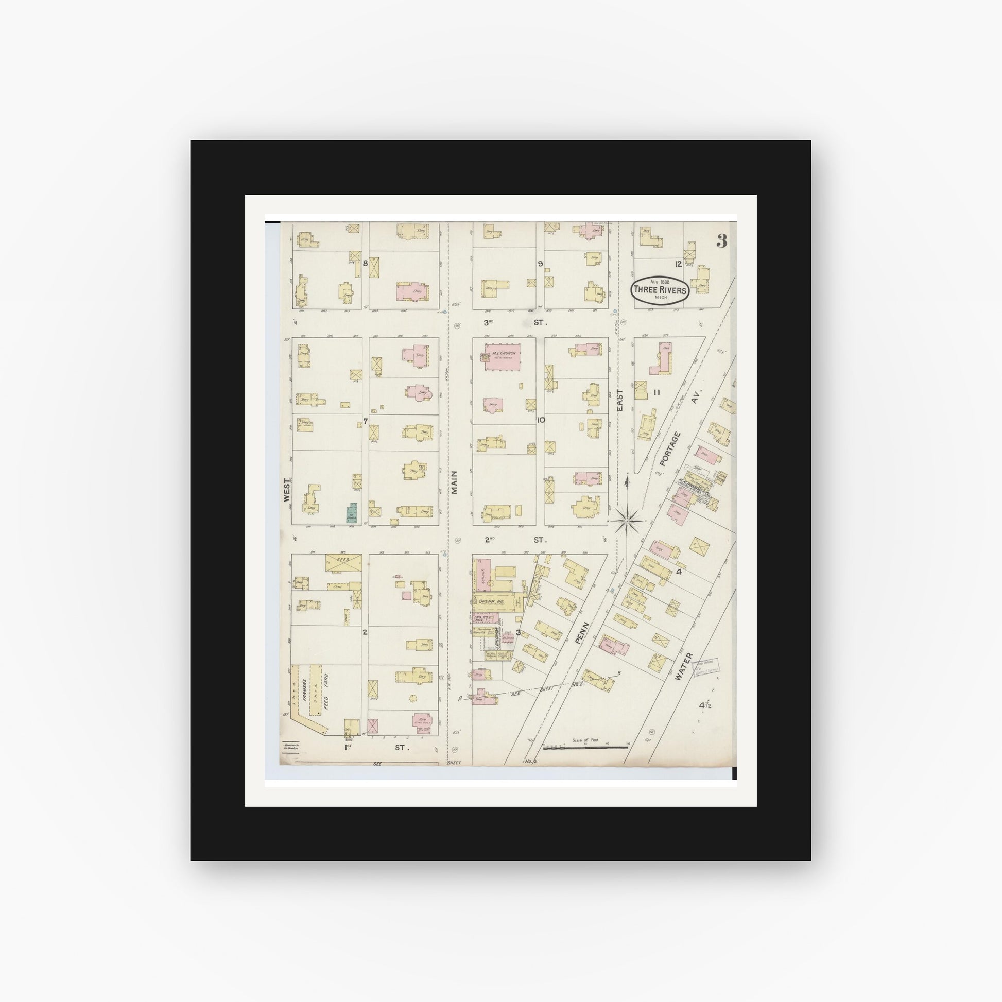 Old map wall art mockup — black gallery frame with white mat — Sanborn Fire Insurance Map from Three Rivers, Saint Joseph County, Michigan (1888), Sheet #0003