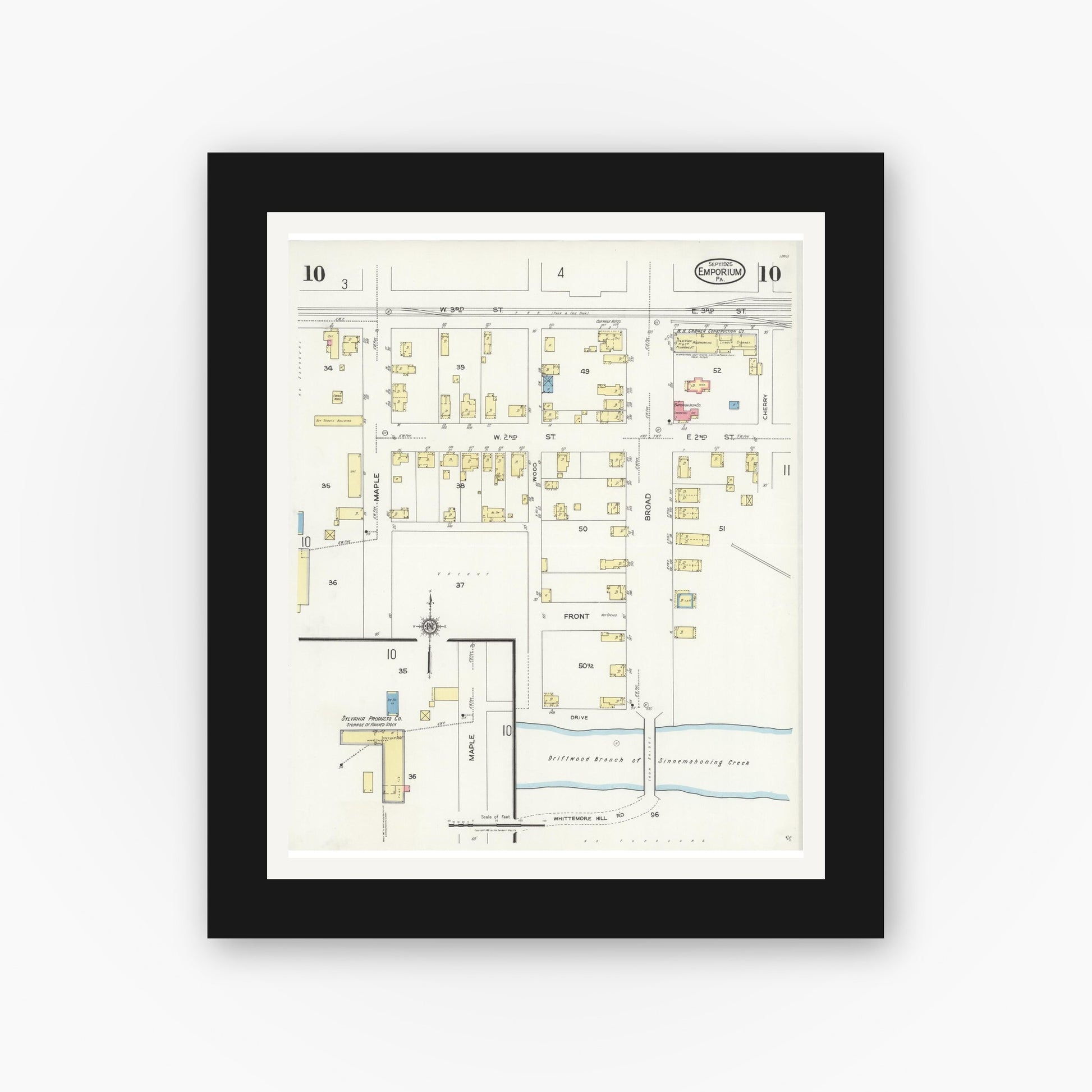 Old map wall art mockup — black gallery frame with white mat — Sanborn Fire Insurance Map from Emporium, Cameron County, Pennsylvania (1925), Sheet #0010