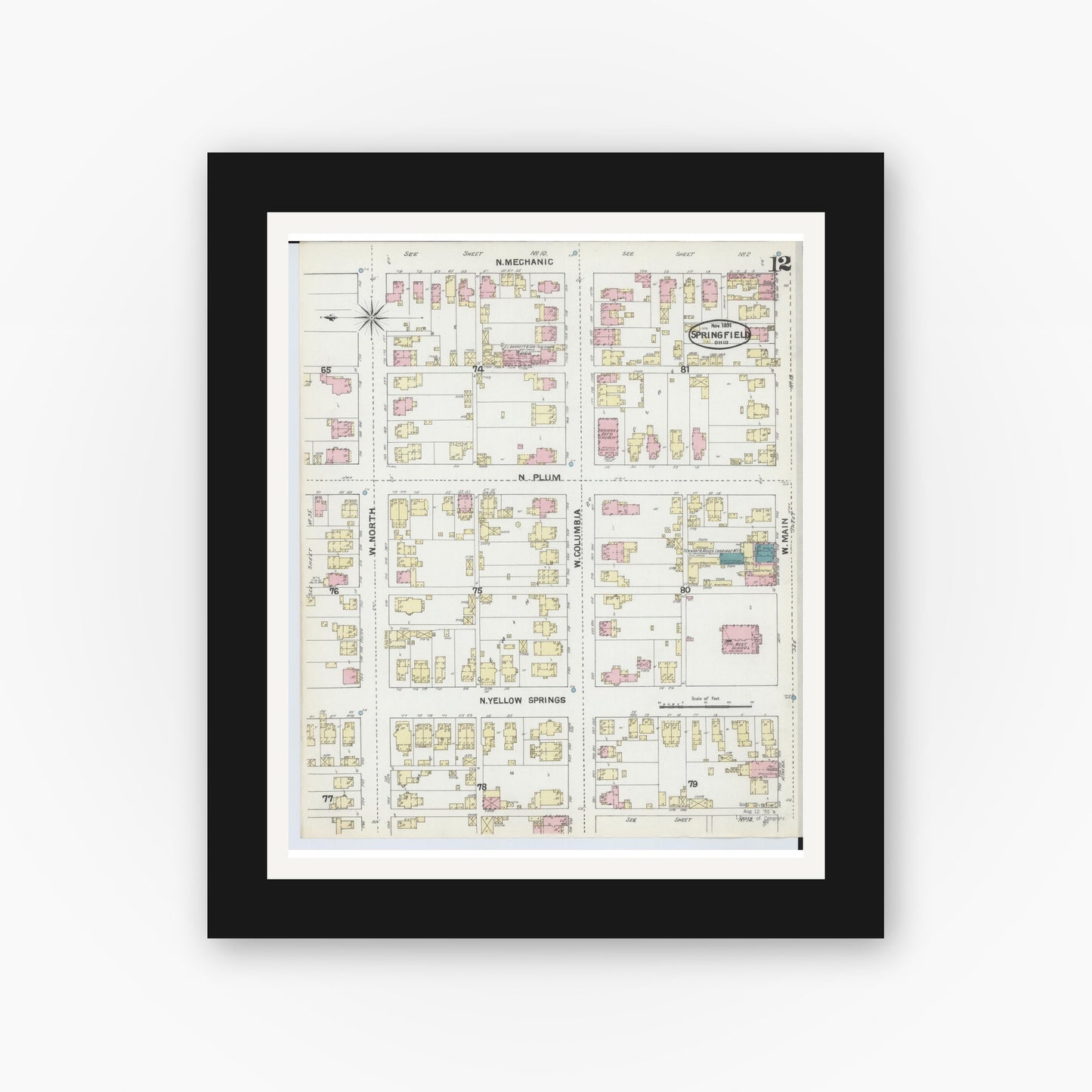 Old map wall art mockup — black gallery frame with white mat — Sanborn Fire Insurance Map from Springfield, Clark County, Ohio (1891), Sheet #0012