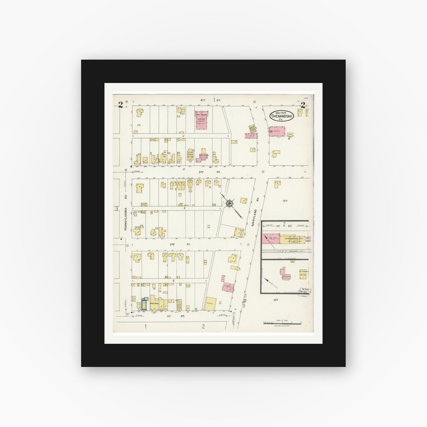 Old map wall art mockup — black gallery frame with white mat — Sanborn Fire Insurance Map from Shenandoah, Page County, Virginia (1924), Sheet #0002