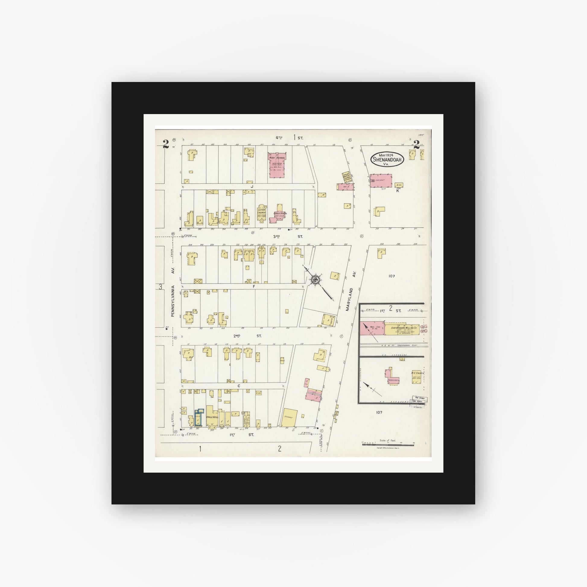 Old map wall art mockup — black gallery frame with white mat — Sanborn Fire Insurance Map from Shenandoah, Page County, Virginia (1924), Sheet #0002