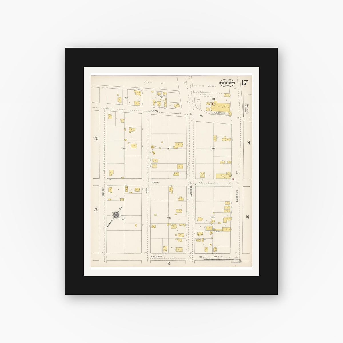 Old map wall art mockup — black gallery frame with white mat — Sanborn Fire Insurance Map from Monterey, Monterey County, California (1912), Sheet #0017