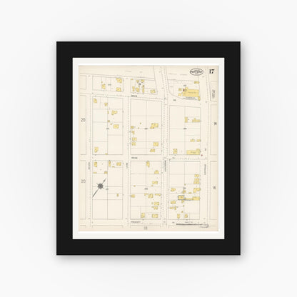 Old map wall art mockup — black gallery frame with white mat — Sanborn Fire Insurance Map from Monterey, Monterey County, California (1912), Sheet #0017