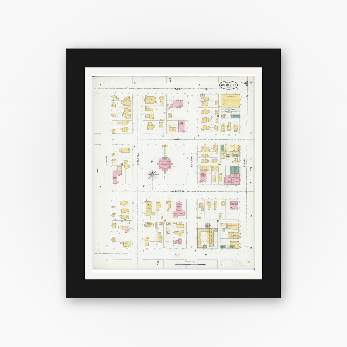 Old map wall art mockup — black gallery frame with white mat — Sanborn Fire Insurance Map from Rochester, Olmsted County, Minnesota (1904), Sheet #0004