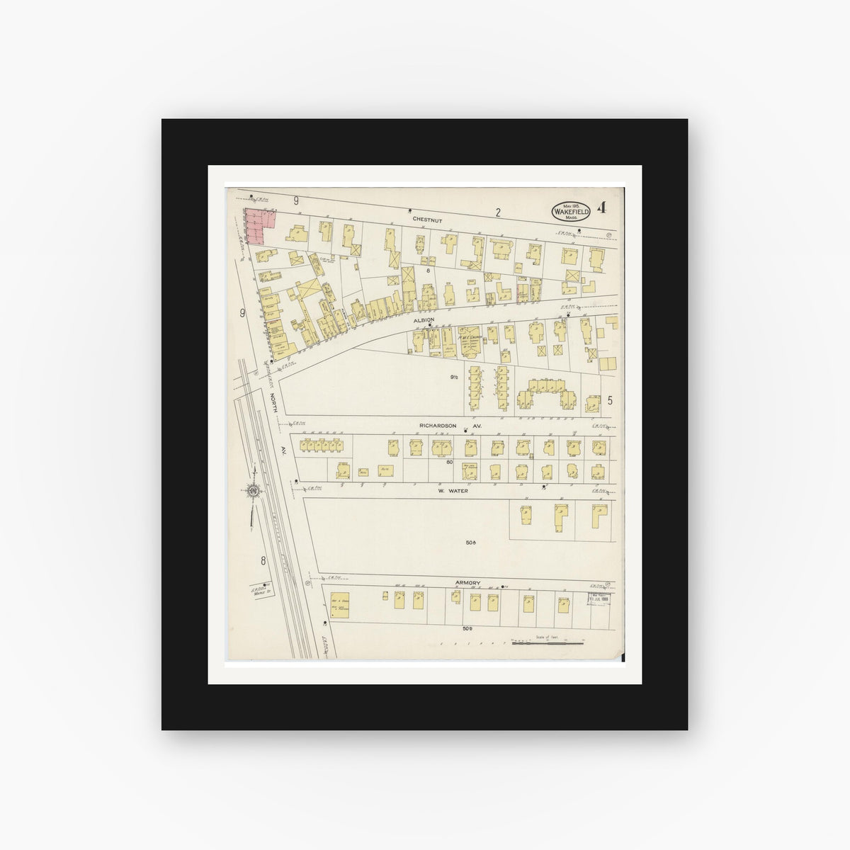 Old map wall art mockup — black gallery frame with white mat — Sanborn Fire Insurance Map from Wakefield, Middlesex County, Massachusetts (1915), Sheet #0004