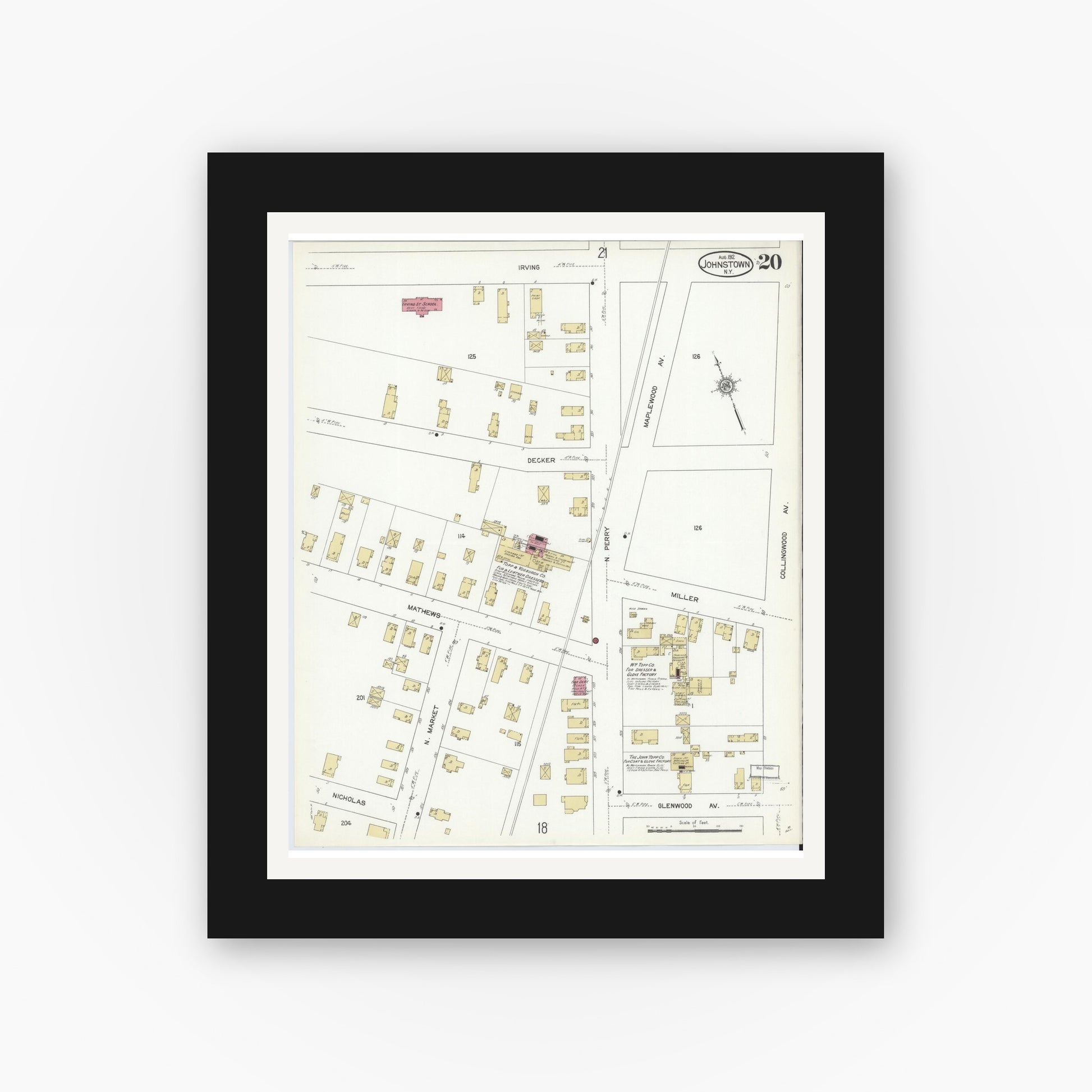 Old map wall art mockup — black gallery frame with white mat — Sanborn Fire Insurance Map from Johnstown, Fulton County, New York (1912), Sheet #0020