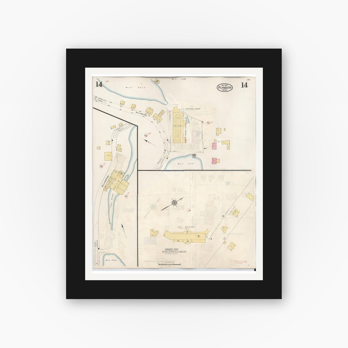 Old map wall art mockup — black gallery frame with white mat — Sanborn Fire Insurance Map from Plymouth, Plymouth County, Massachusetts (1948), Sheet #0014