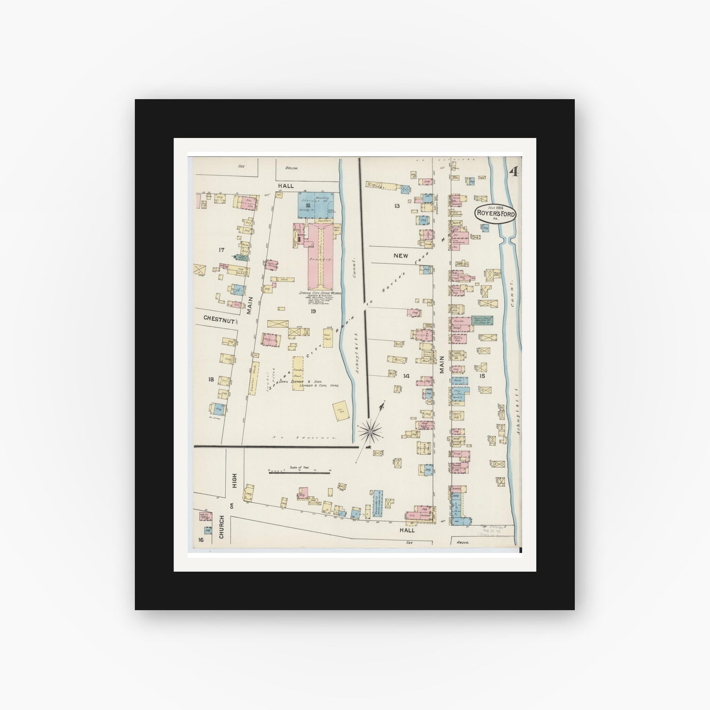 Old map wall art mockup — black gallery frame with white mat — Sanborn Fire Insurance Map from Royersford, Montgomery County, Pennsylvania (1888), Sheet #0004