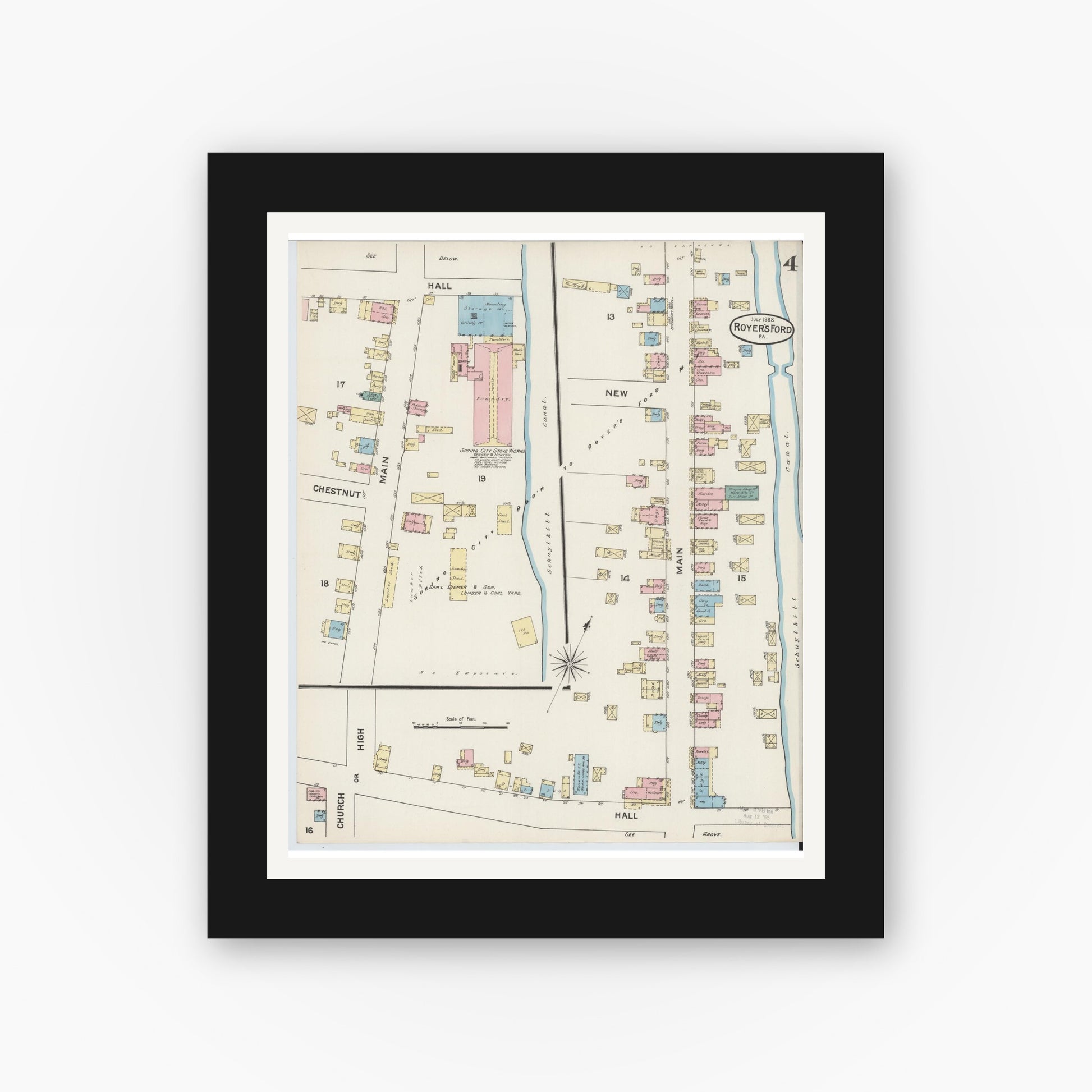 Old map wall art mockup — black gallery frame with white mat — Sanborn Fire Insurance Map from Royersford, Montgomery County, Pennsylvania (1888), Sheet #0004