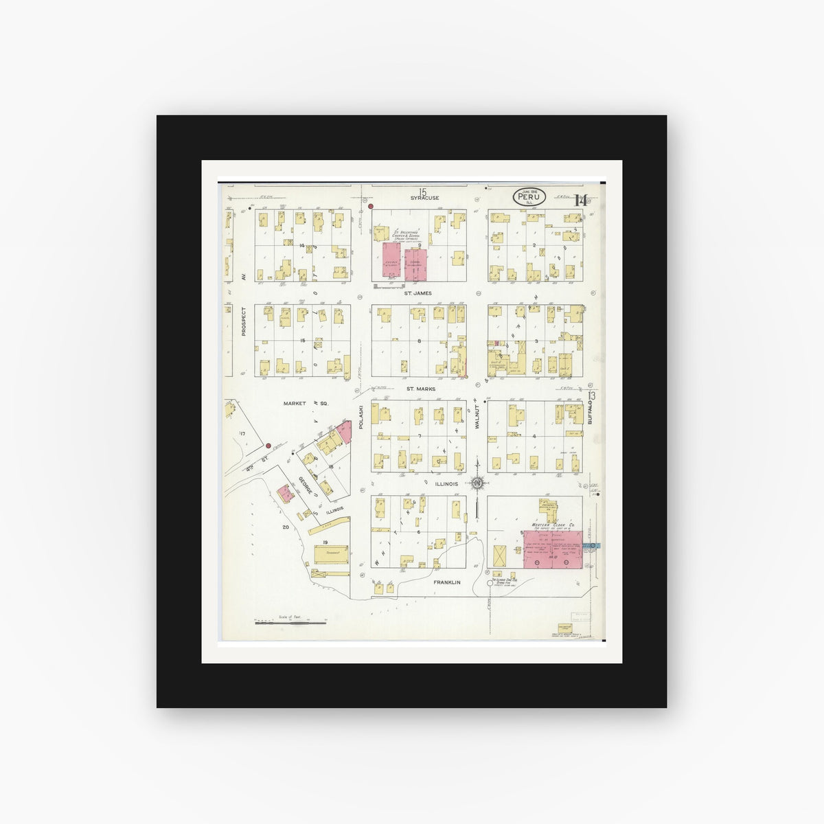 Old map wall art mockup — black gallery frame with white mat — Sanborn Fire Insurance Map from Peru, La Salle County, Illinois (1916), Sheet #0014