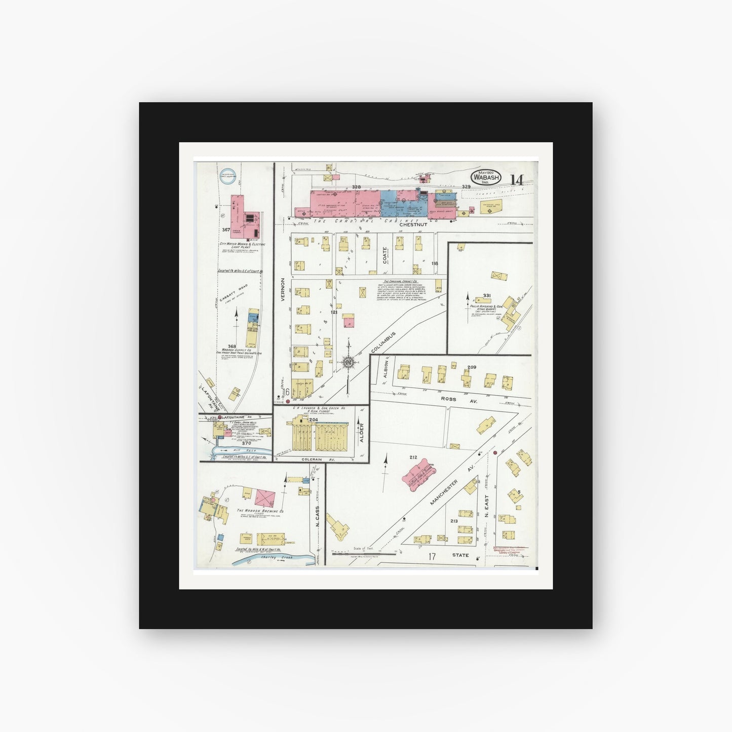 Old map wall art mockup — black gallery frame with white mat — Sanborn Fire Insurance Map from Wabash, Wabash County, Indiana (1920), Sheet #0014