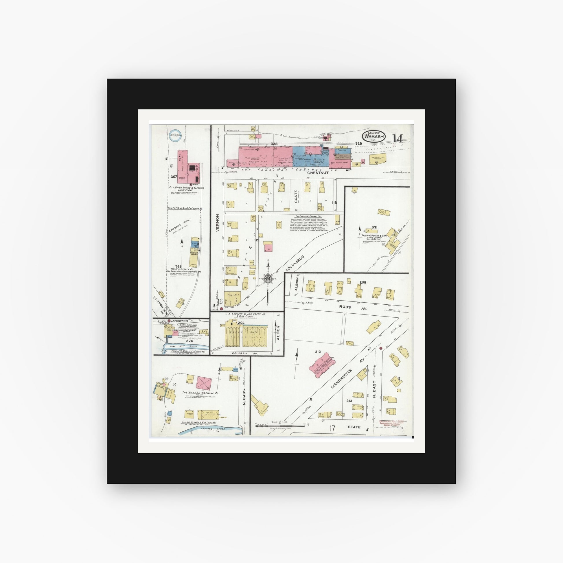 Old map wall art mockup — black gallery frame with white mat — Sanborn Fire Insurance Map from Wabash, Wabash County, Indiana (1920), Sheet #0014