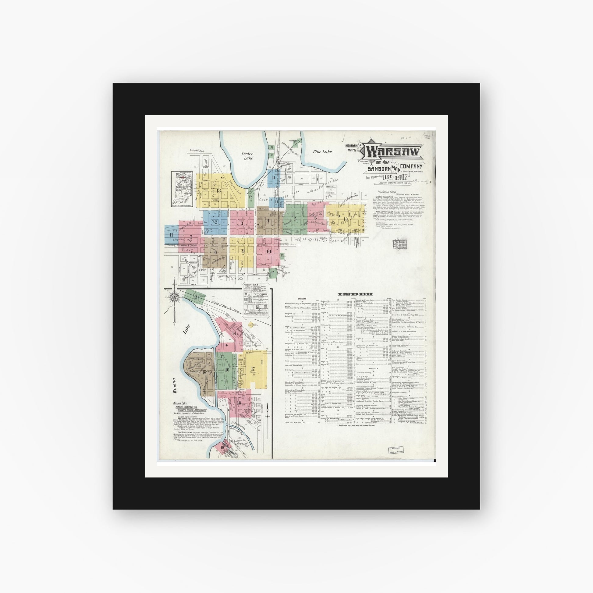 Old map wall art mockup — black gallery frame with white mat — Sanborn Fire Insurance Map from Warsaw, Kosciusko County, Indiana (1917) - Complete Map Set