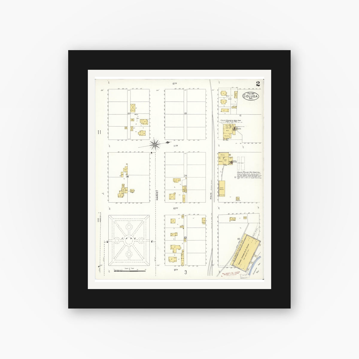 Old map wall art mockup — black gallery frame with white mat — Sanborn Fire Insurance Map from Colusa, Colusa County, California (1907), Sheet #0002