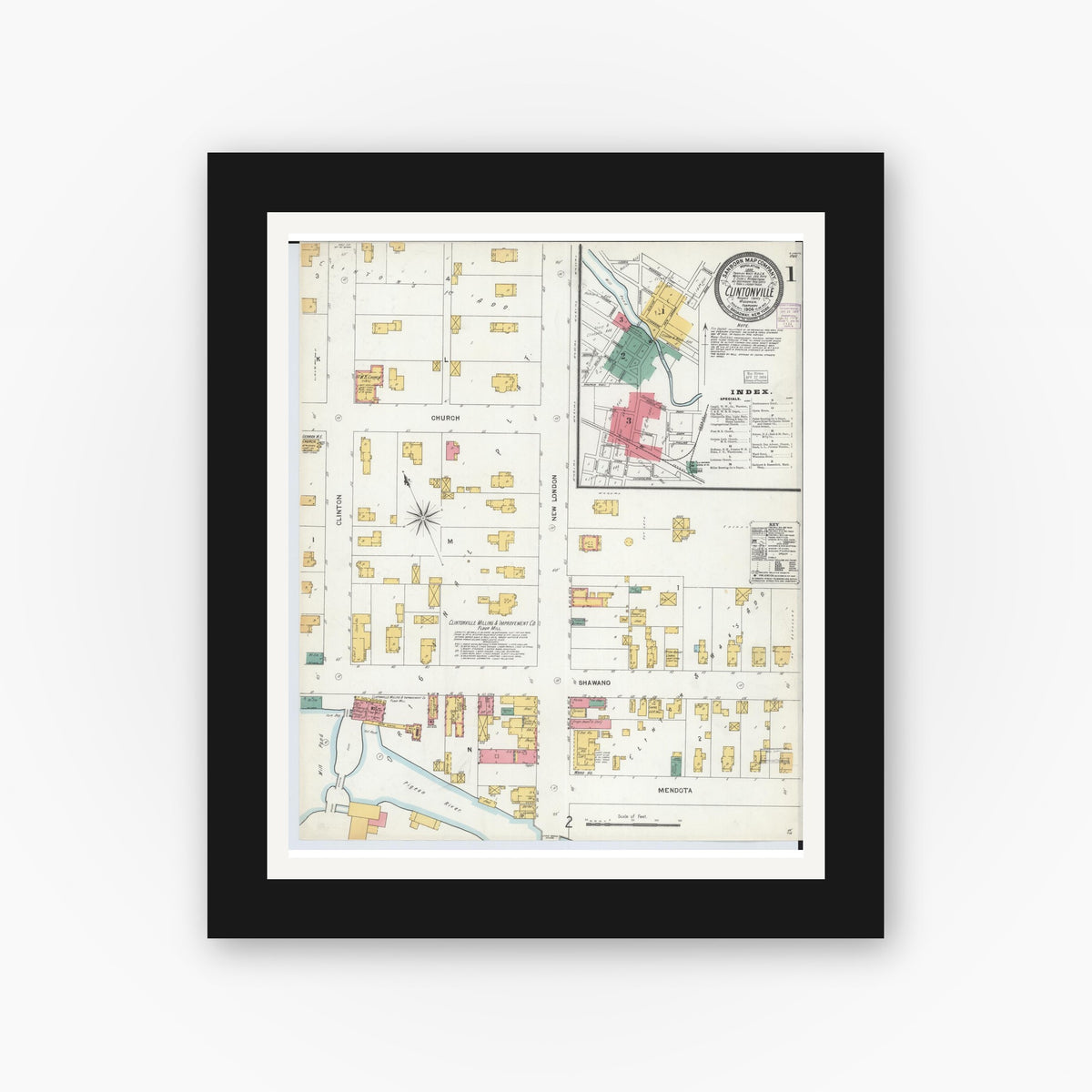 Old map wall art mockup — black gallery frame with white mat — Sanborn Fire Insurance Map from Clintonville, Waupaca County, Wisconsin (1904) - Complete Map Set