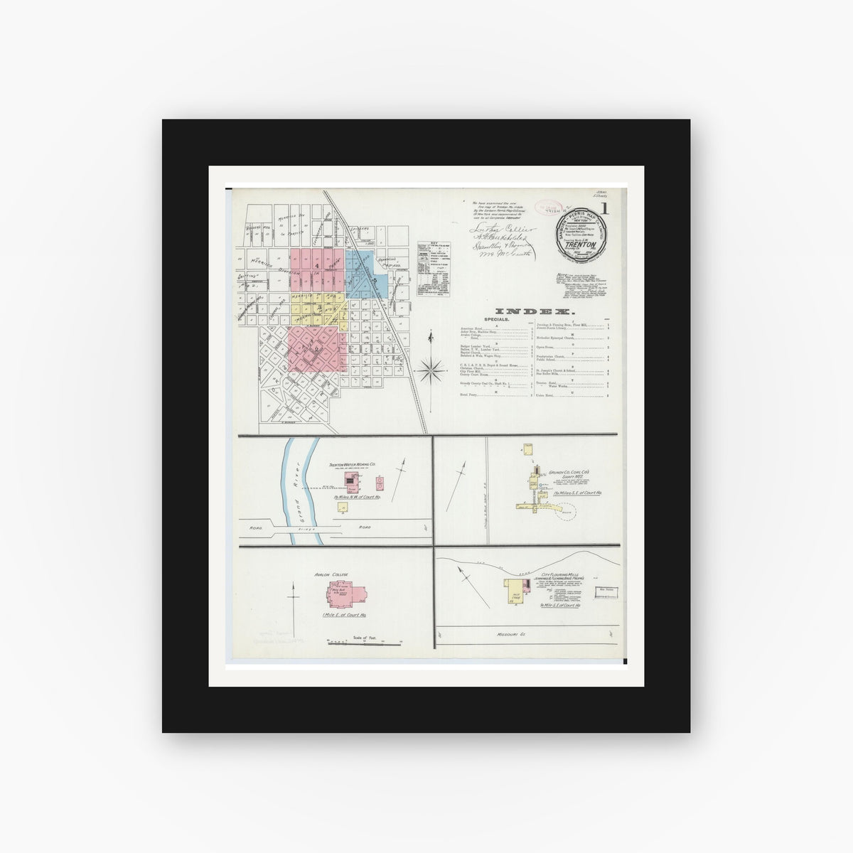 Old map wall art mockup — black gallery frame with white mat — Sanborn Fire Insurance Map from Trenton, Grundy County, Missouri (1891), Sheet #0001