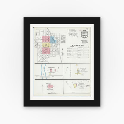 Old map wall art mockup — black gallery frame with white mat — Sanborn Fire Insurance Map from Trenton, Grundy County, Missouri (1891), Sheet #0001