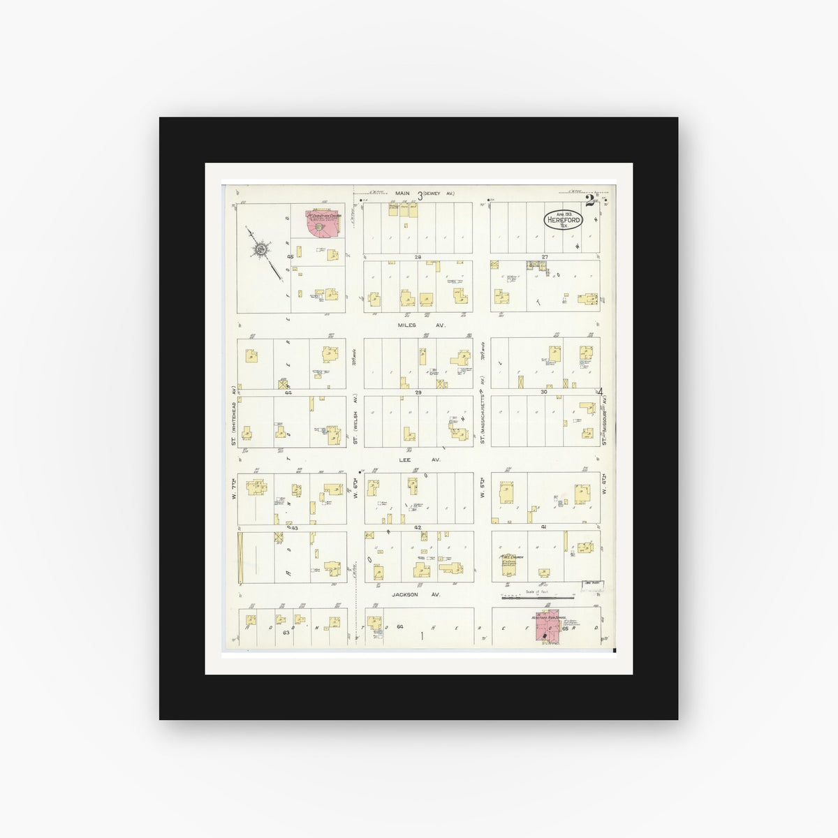 Old map wall art mockup — black gallery frame with white mat — Sanborn Fire Insurance Map from Hereford, Deaf Smith County, Texas (1913), Sheet #0002