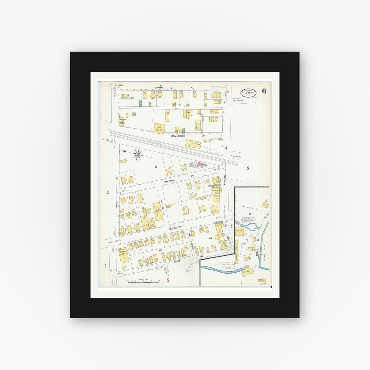 Old map wall art mockup — black gallery frame with white mat — Sanborn Fire Insurance Map from Pitman, Gloucester County, New Jersey (1908), Sheet #0006
