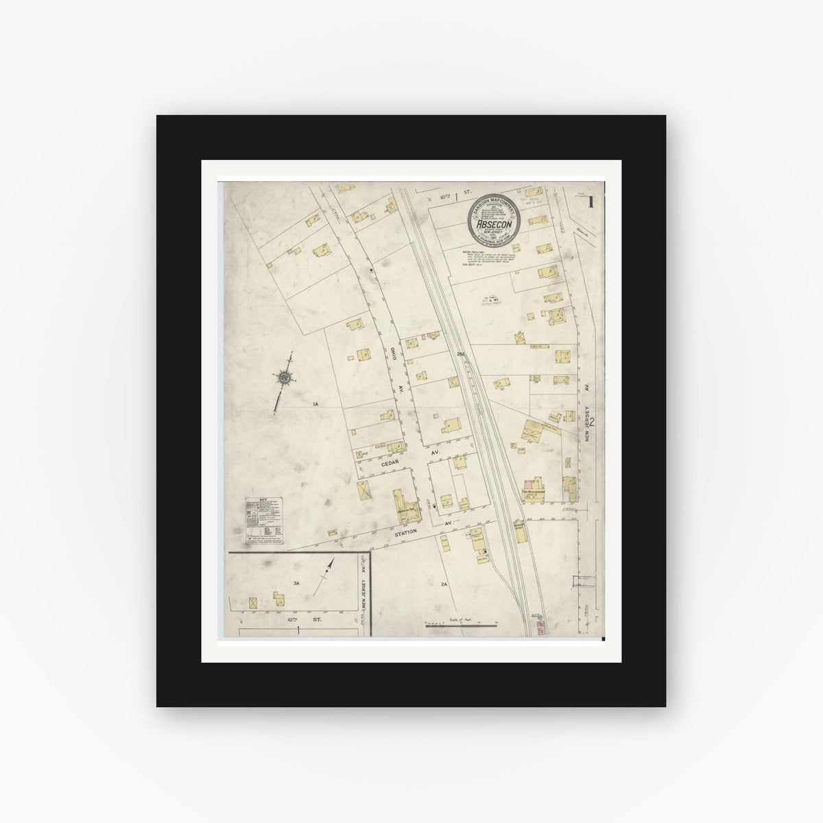 Old map wall art mockup — black gallery frame with white mat — Sanborn Fire Insurance Map from Absecon, Atlantic County, New Jersey (1911), Sheet #0001