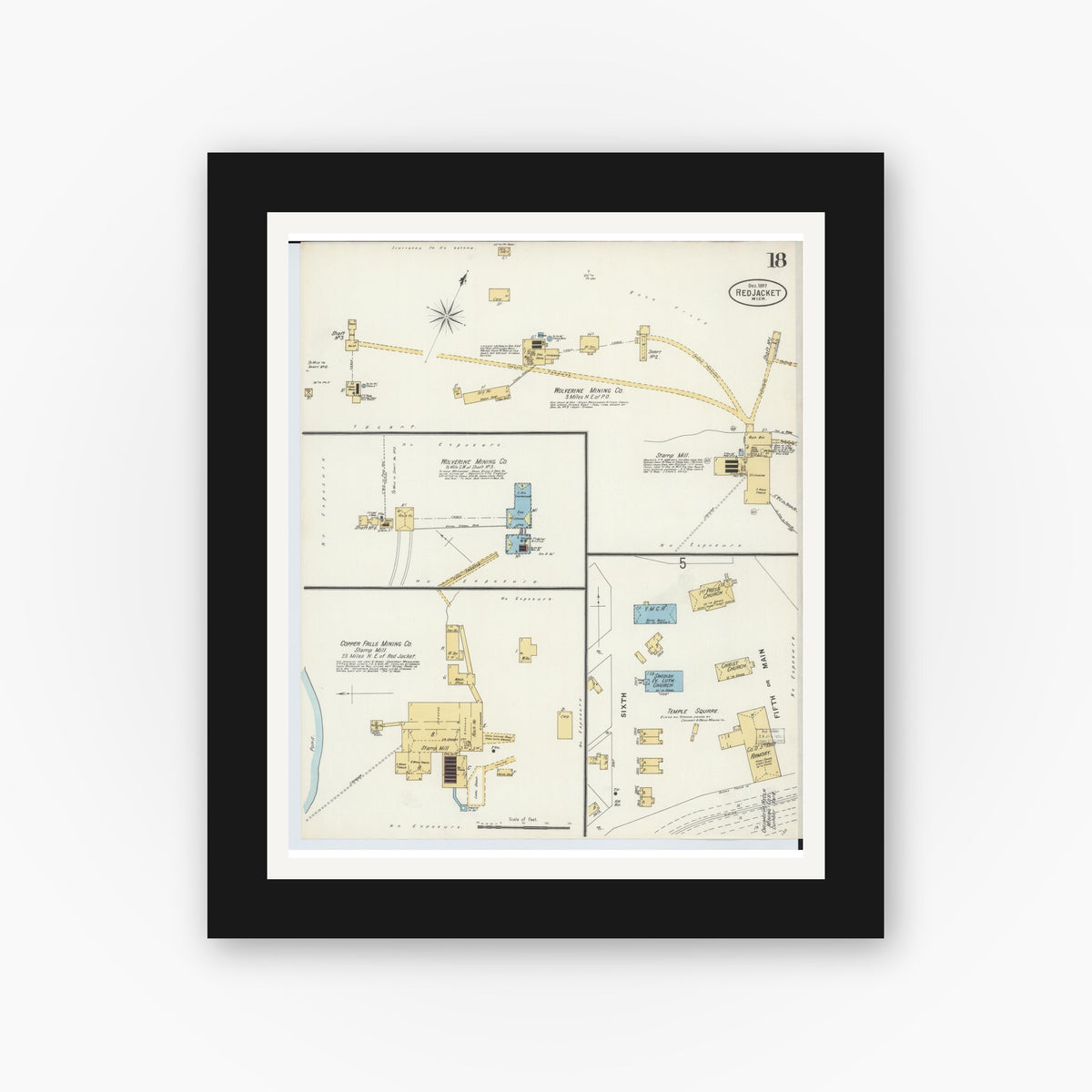 Old map wall art mockup — black gallery frame with white mat — Sanborn Fire Insurance Map from Red Jacket, Houghton County, Michigan (1897), Sheet #0018