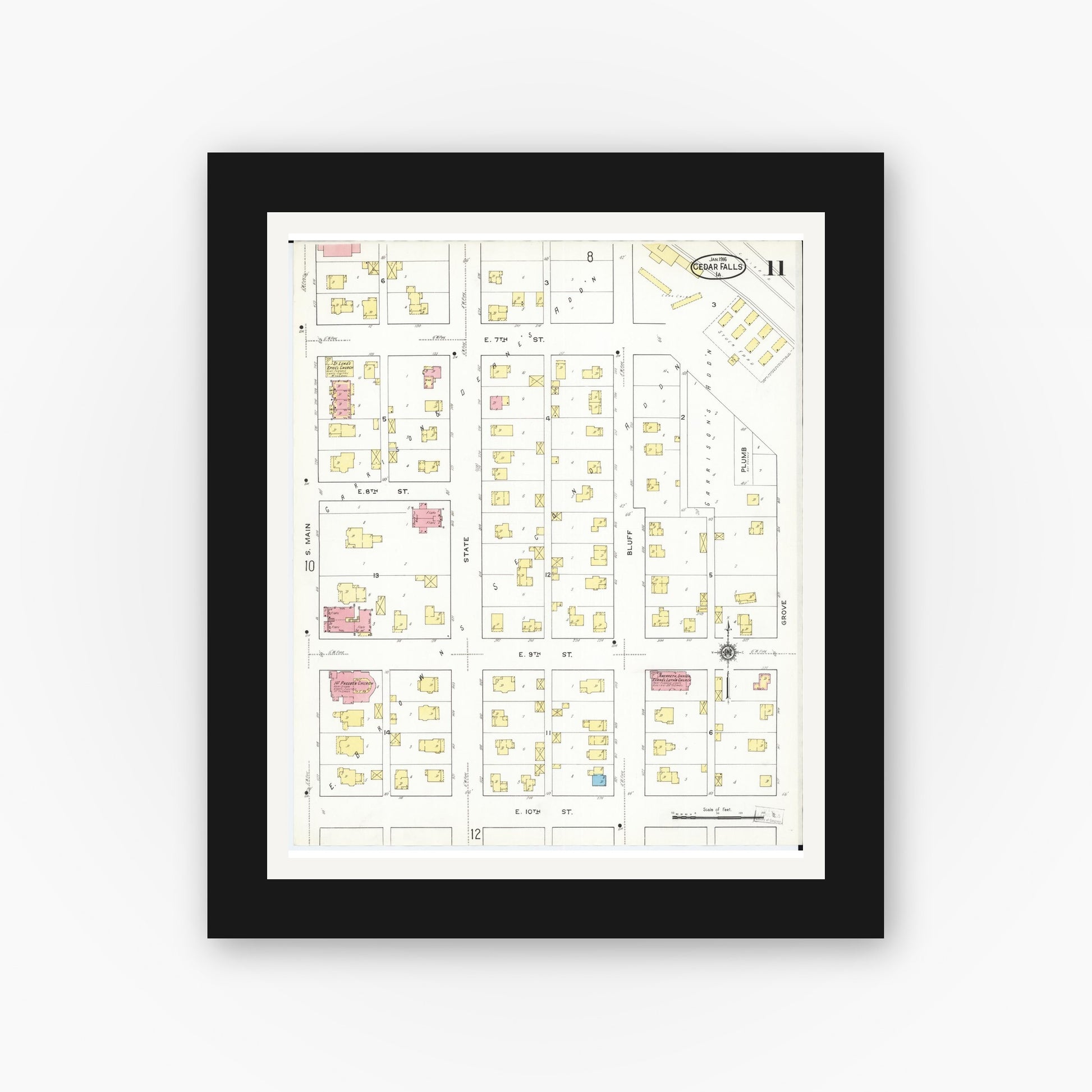 Old map wall art mockup — black gallery frame with white mat — Sanborn Fire Insurance Map from Cedar Falls, Black Hawk County, Iowa (1916), Sheet #0011