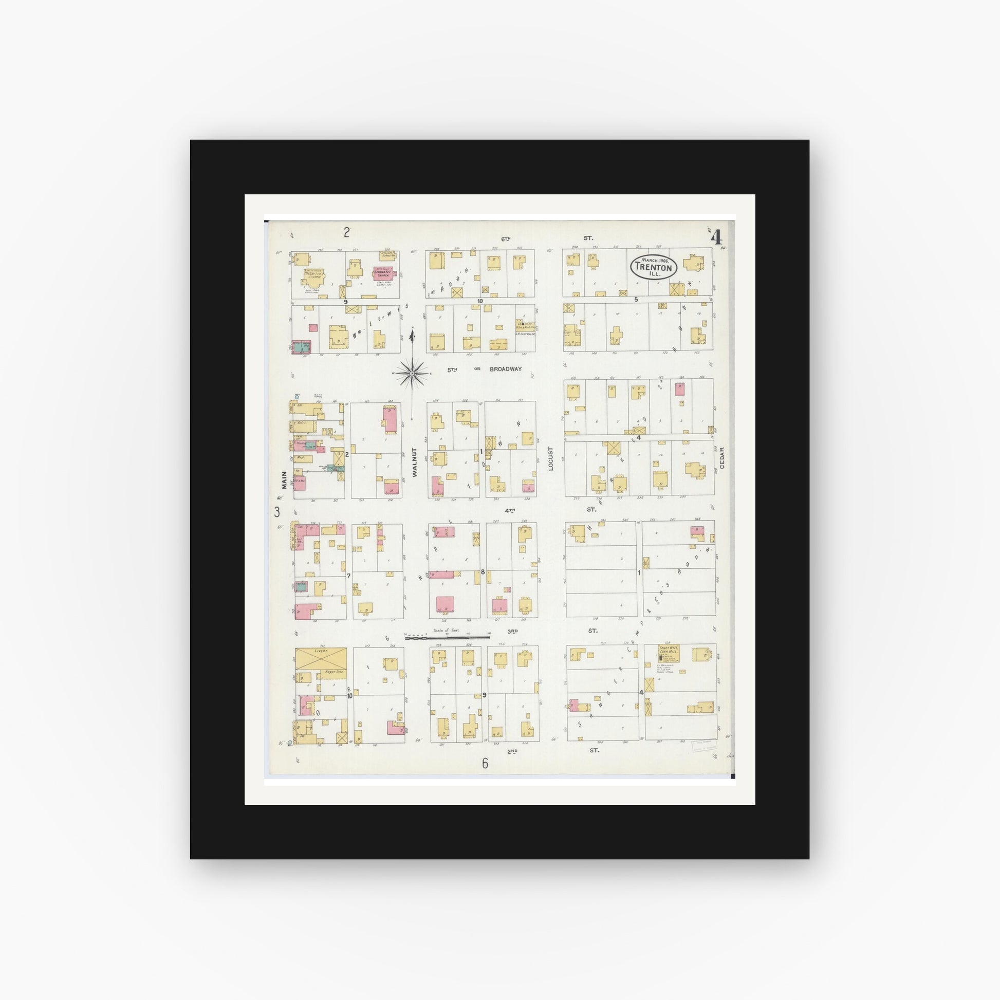 Old map wall art mockup — black gallery frame with white mat — Sanborn Fire Insurance Map from Trenton, Clinton County, Illinois (1906), Sheet #0004