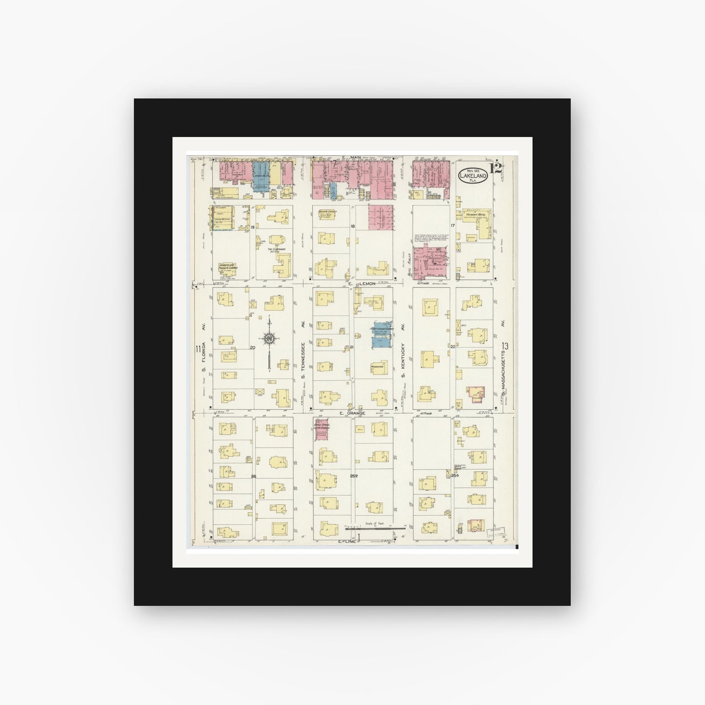 Old map wall art mockup — black gallery frame with white mat — Sanborn Fire Insurance Map from Lakeland, Polk County, Florida (1913), Sheet #0012