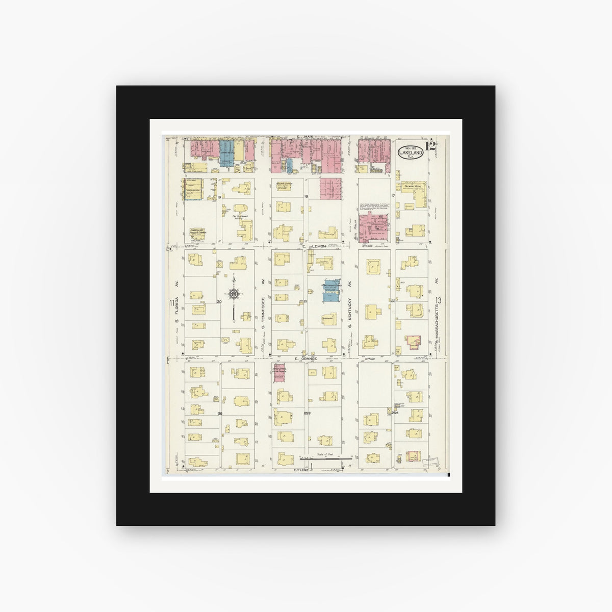 Old map wall art mockup — black gallery frame with white mat — Sanborn Fire Insurance Map from Lakeland, Polk County, Florida (1913), Sheet #0012