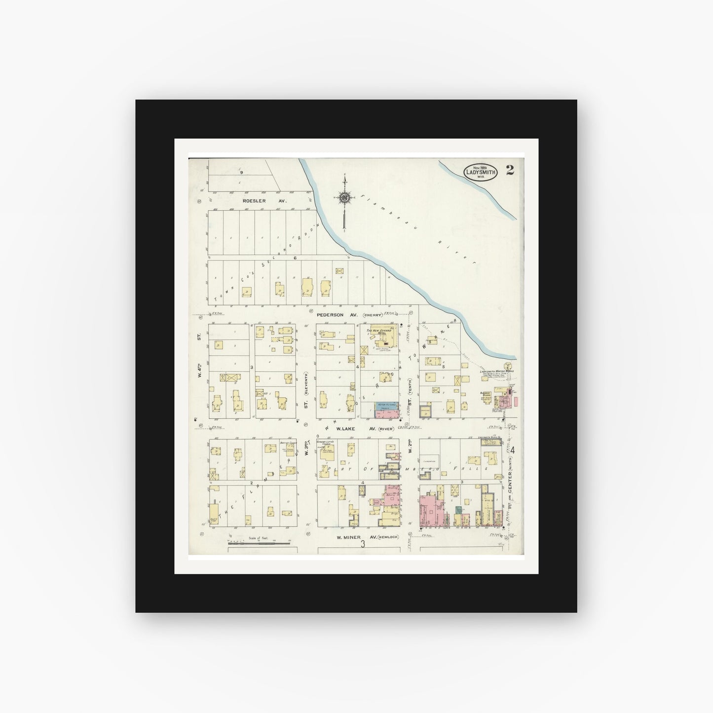 Old map wall art mockup — black gallery frame with white mat — Sanborn Fire Insurance Map from Ladysmith, Rusk County, Wisconsin (1909), Sheet #0002