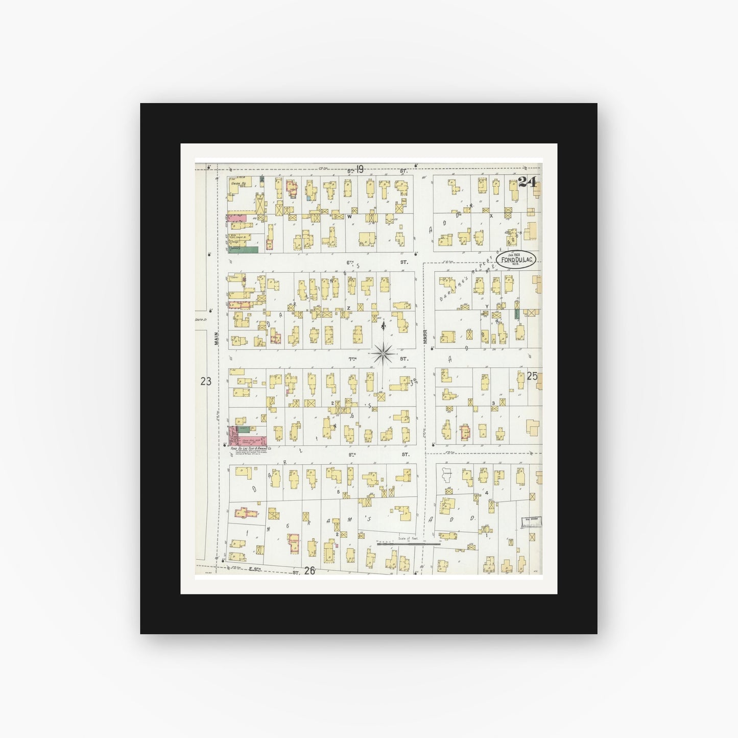 Old map wall art mockup — black gallery frame with white mat — Sanborn Fire Insurance Map from Fond du Lac, Fond du Lac County, Wisconsin (1902), Sheet #0024