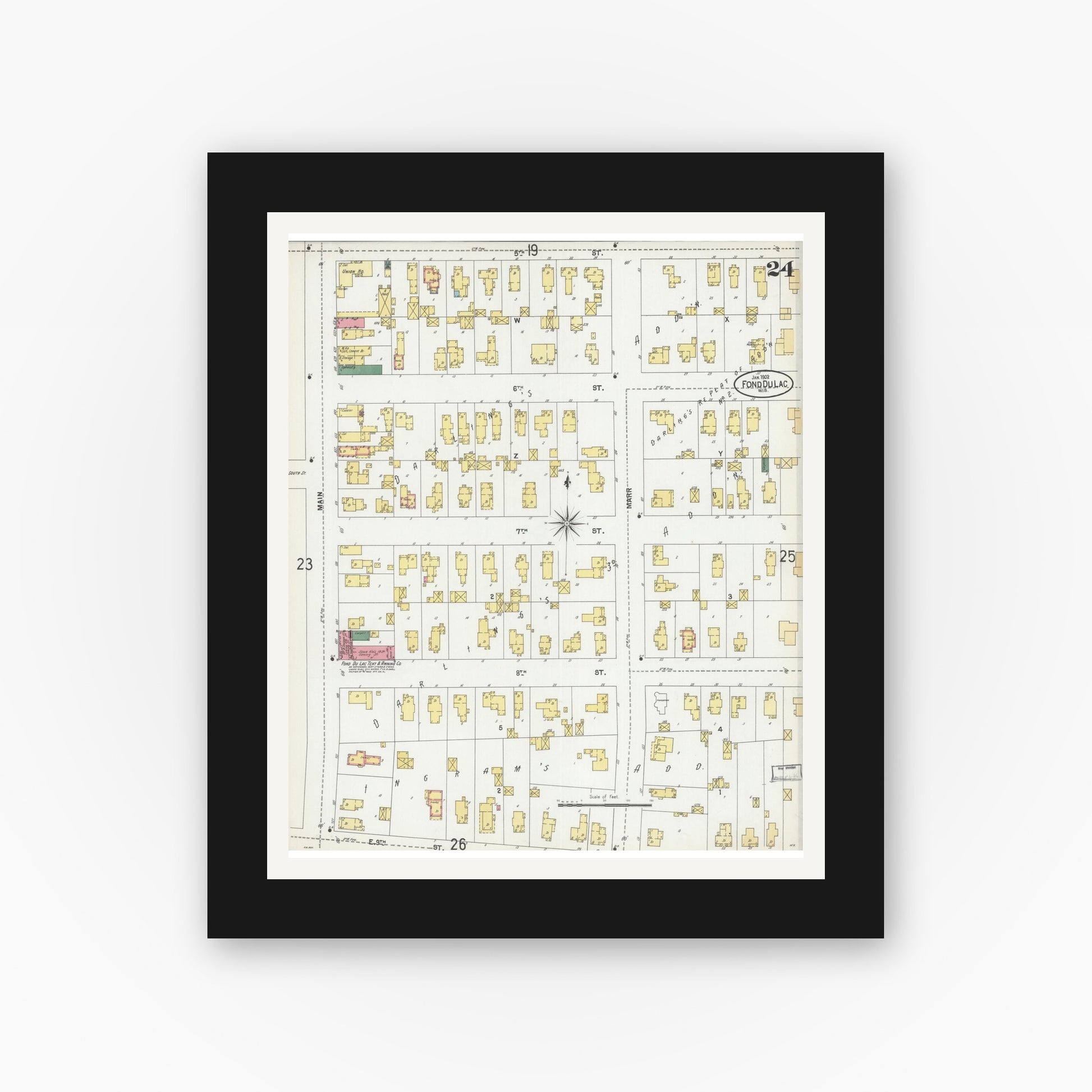 Old map wall art mockup — black gallery frame with white mat — Sanborn Fire Insurance Map from Fond du Lac, Fond du Lac County, Wisconsin (1902), Sheet #0024