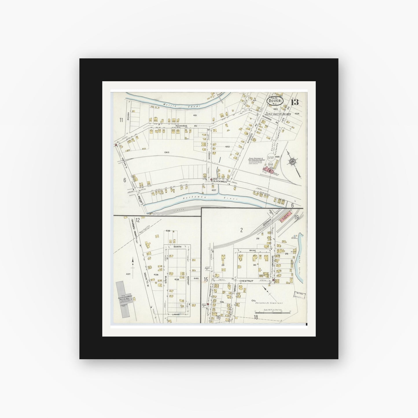 Old map wall art mockup — black gallery frame with white mat — Sanborn Fire Insurance Map from Dover, Morris County, New Jersey (1916), Sheet #0013