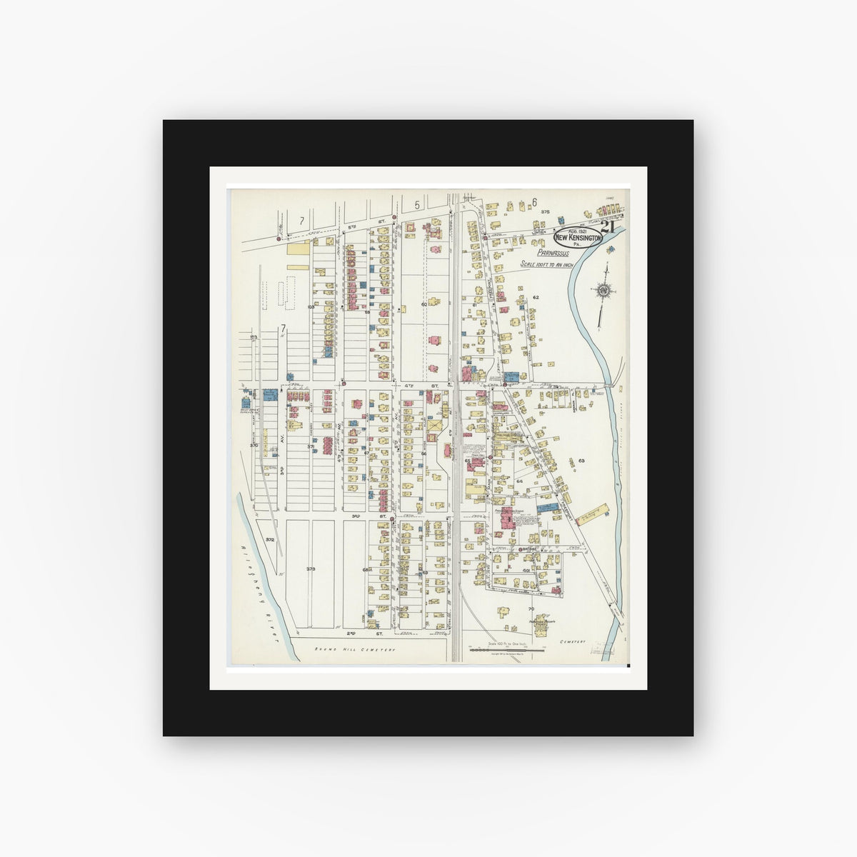 Old map wall art mockup — black gallery frame with white mat — Sanborn Fire Insurance Map from New Kensington, Westmoreland County, Pennsylvania (1921), Sheet #0021