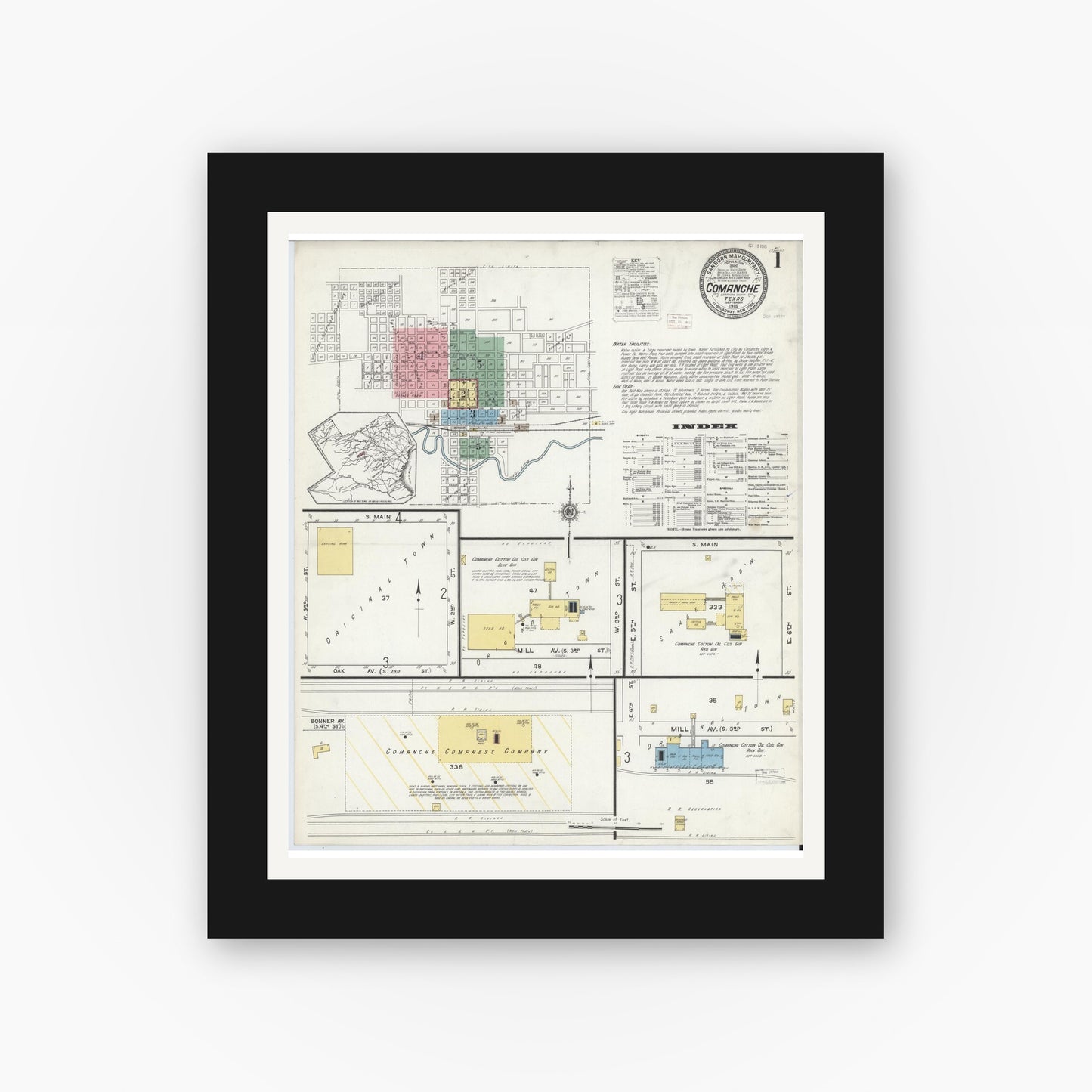 Old map wall art mockup — black gallery frame with white mat — Sanborn Fire Insurance Map from Comanche, Comanche County, Texas (1915), Sheet #0001