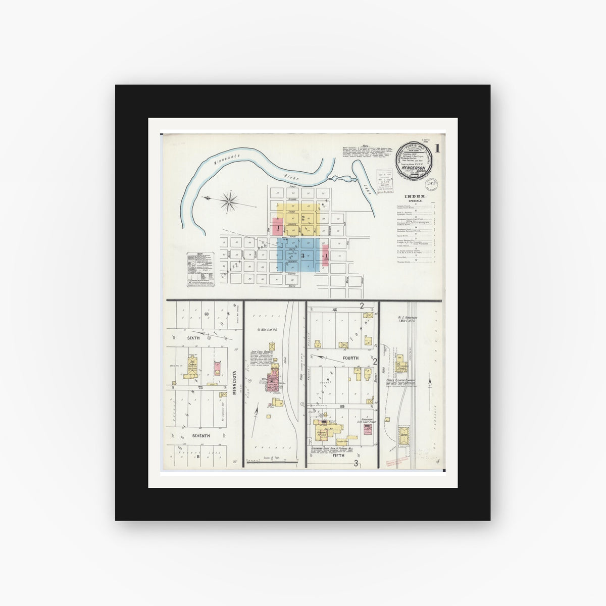 Old map wall art mockup — black gallery frame with white mat — Sanborn Fire Insurance Map from Henderson, Sibley County, Minnesota (1900), Sheet #0001