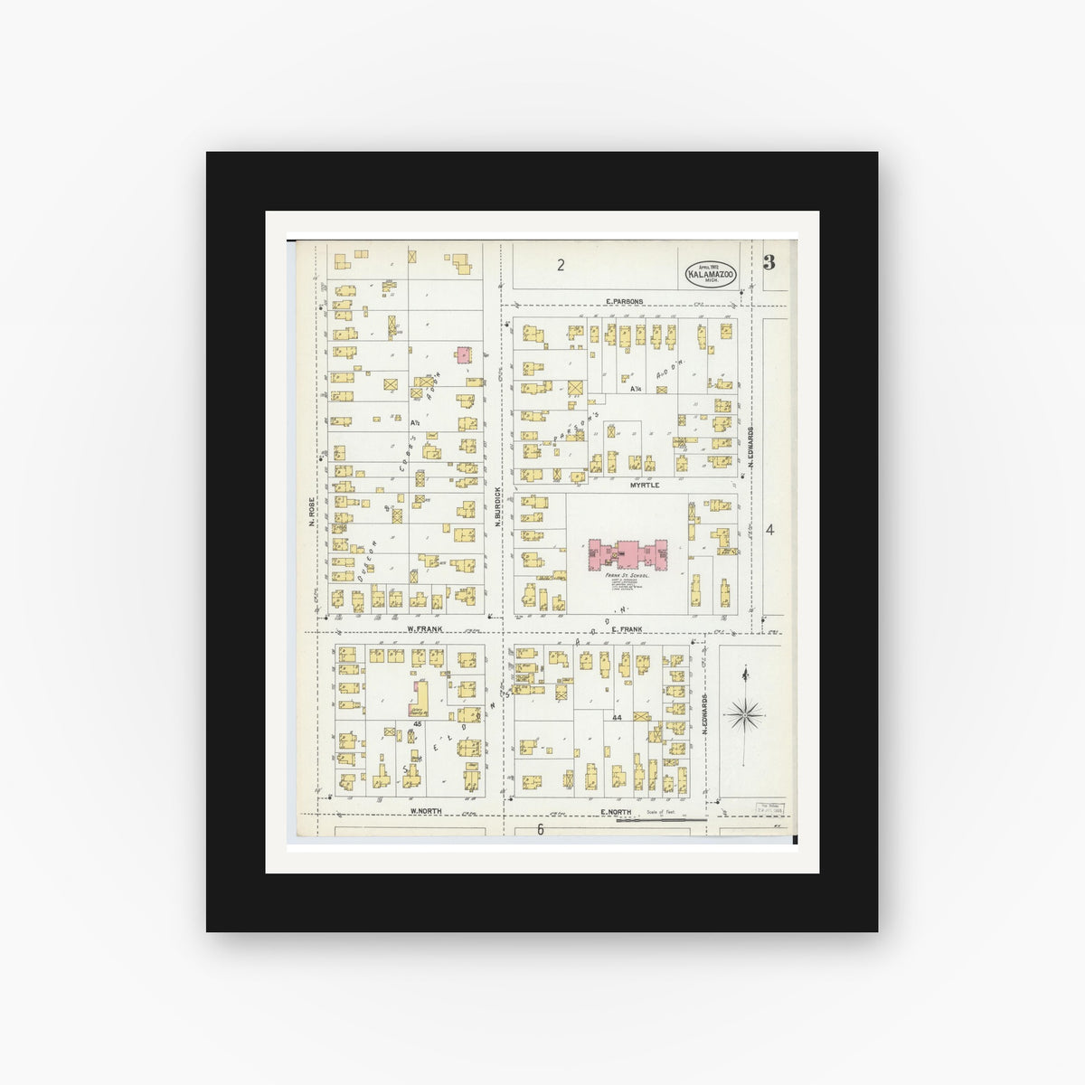 Old map wall art mockup — black gallery frame with white mat — Sanborn Fire Insurance Map from Kalamazoo, Kalamazoo County, Michigan (1902), Sheet #0003