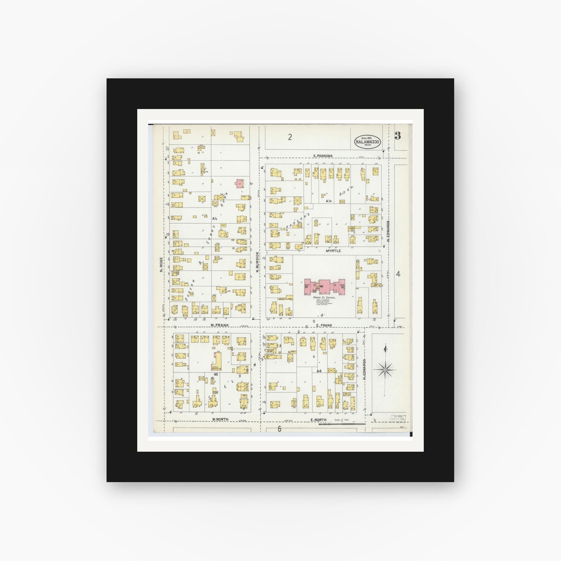 Old map wall art mockup — black gallery frame with white mat — Sanborn Fire Insurance Map from Kalamazoo, Kalamazoo County, Michigan (1902), Sheet #0003