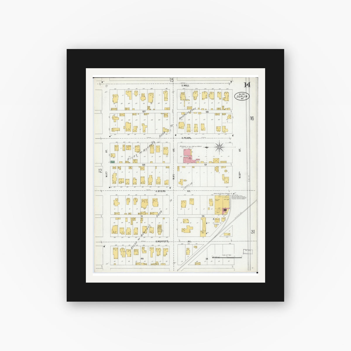 Old map wall art mockup — black gallery frame with white mat — Sanborn Fire Insurance Map from Joplin, Jasper County, Missouri (1900), Sheet #0014