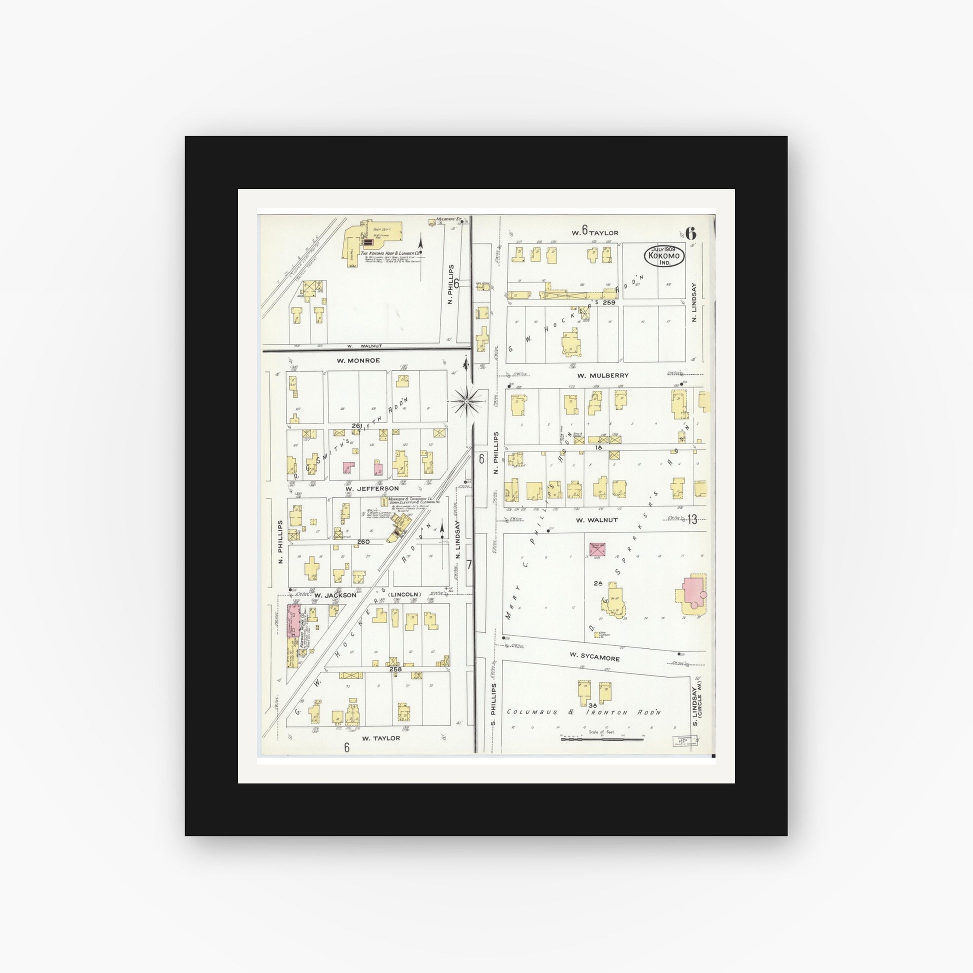 Old map wall art mockup — black gallery frame with white mat — Sanborn Fire Insurance Map from Kokomo, Howard County, Indiana (1909), Sheet #0006
